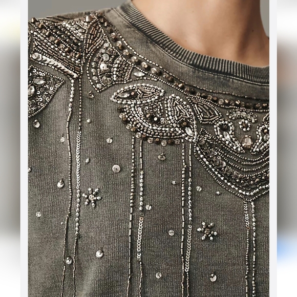 Anthropologie, New Pilcro Embellished Beaded Graphic Gray Sweatshirt SZ Large - Picture 15 of 16